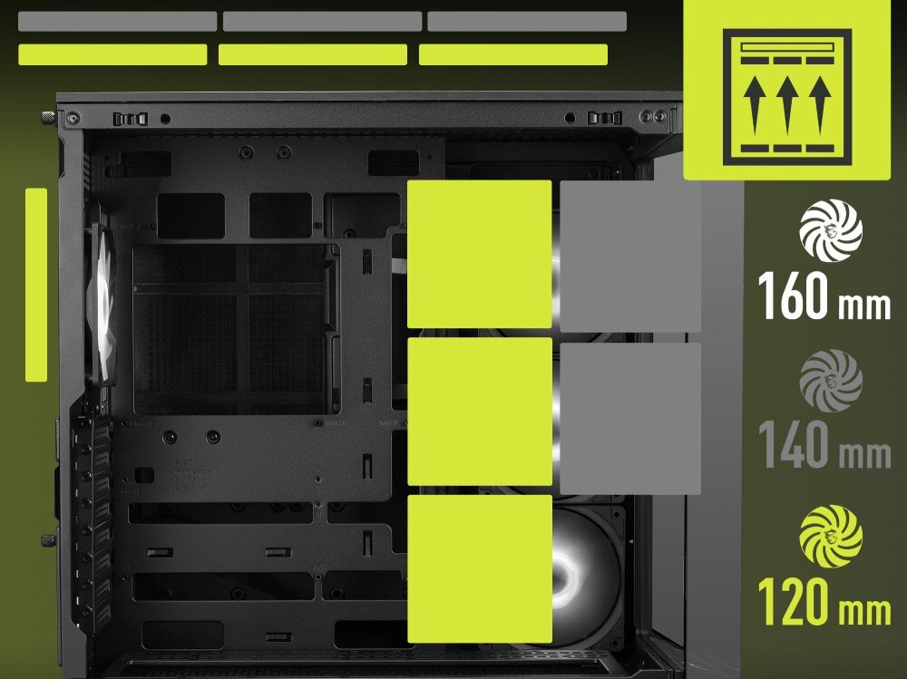 Obudowa MSI MAG Pano 100R PZ Ilustracja techniczna wnętrza obudowy z ikonami i opisami wskazującymi na wsparcie dla wentylatorów o średnicy 120 mm, 140 mm oraz 160 mm w różnych sekcjach montażowych