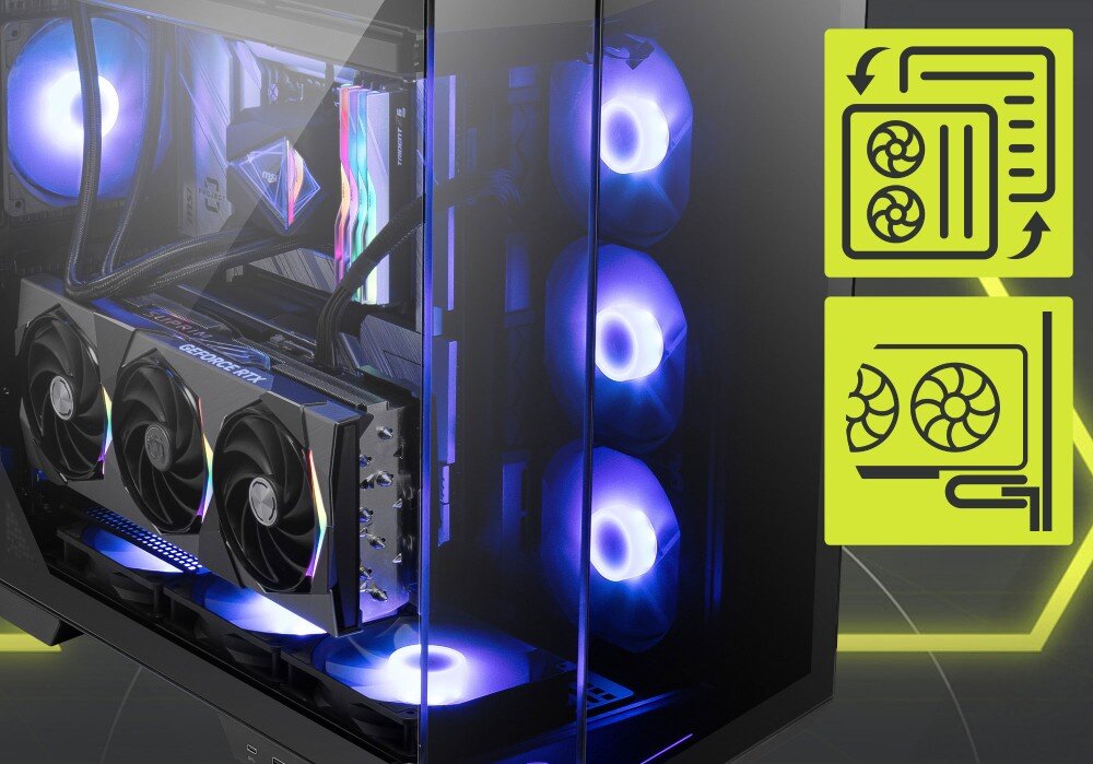 Obudowa MSI MAG Pano 100R PZ Zbliżenie na wnętrze obudowy z ikonami obok karty graficznej, które symbolizują możliwość zamiany wspornika slotów rozszerzeń na wariant do montażu pionowego