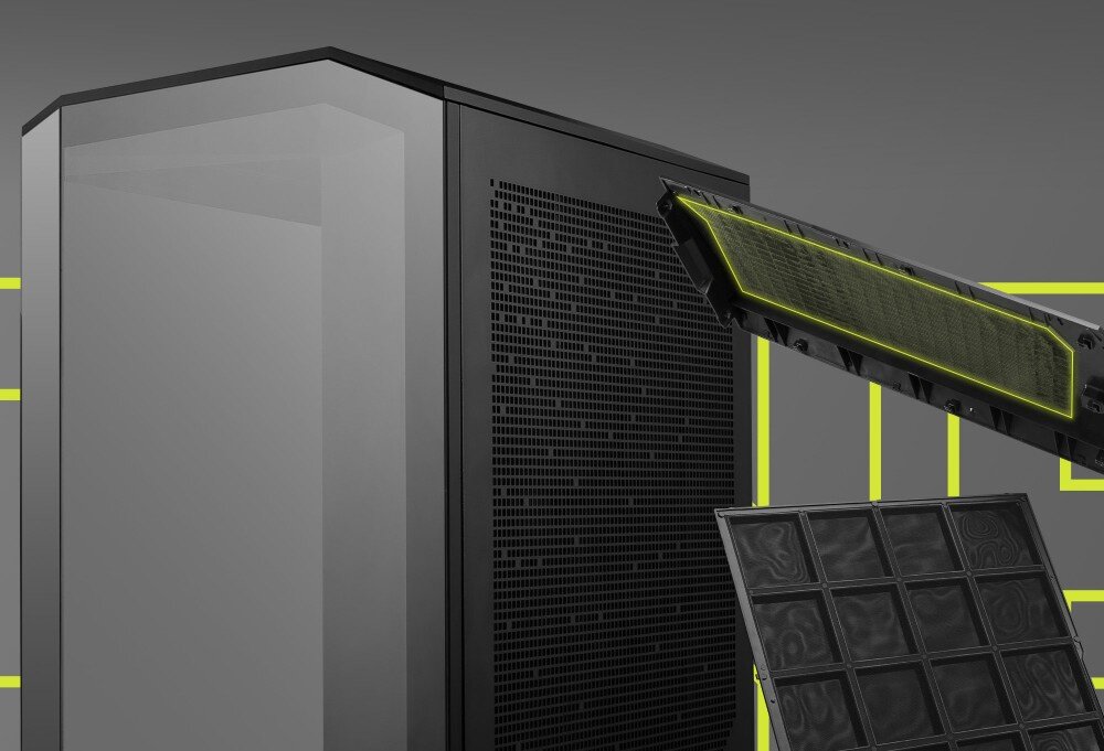 Obudowa MSI MAG Pano 100R PZ Prezentacja bocznego i dolnego panelu obudowy komputerowej z odchylonymi magnetycznymi filtrami przeciwpyłowymi ułatwiającymi czyszczenie zestawu
