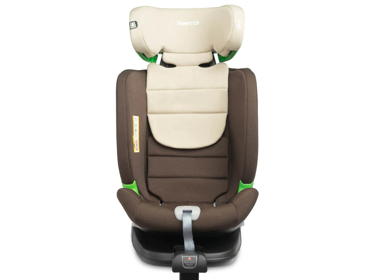 CARETERO Kamptos I-SIZE wkładkę redukcyjną z dodatkową poduszką-zagłówkiem dwustopniowej regulacji podparcie szyi i głowy fotelik w kolorze brązowym na białym tle od przodu 