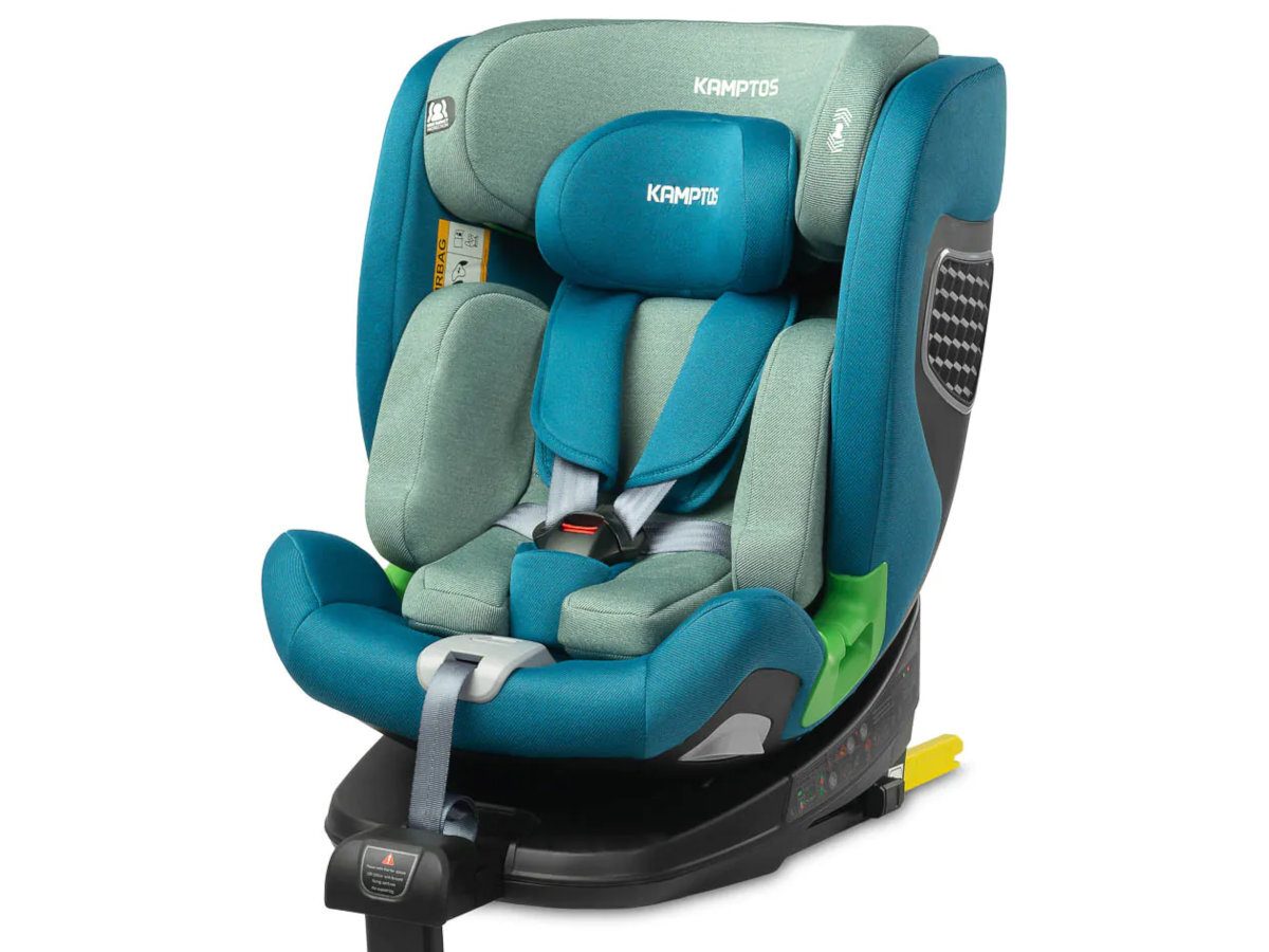 CARETERO Kamptos I-SIZE Regulowany zagłówek oraz 5-stopniowa regulacja nachylenia oparcia jeździe tyłem, jak i przodem do kierunku jazdy - fotelik pod kątem na białym tle