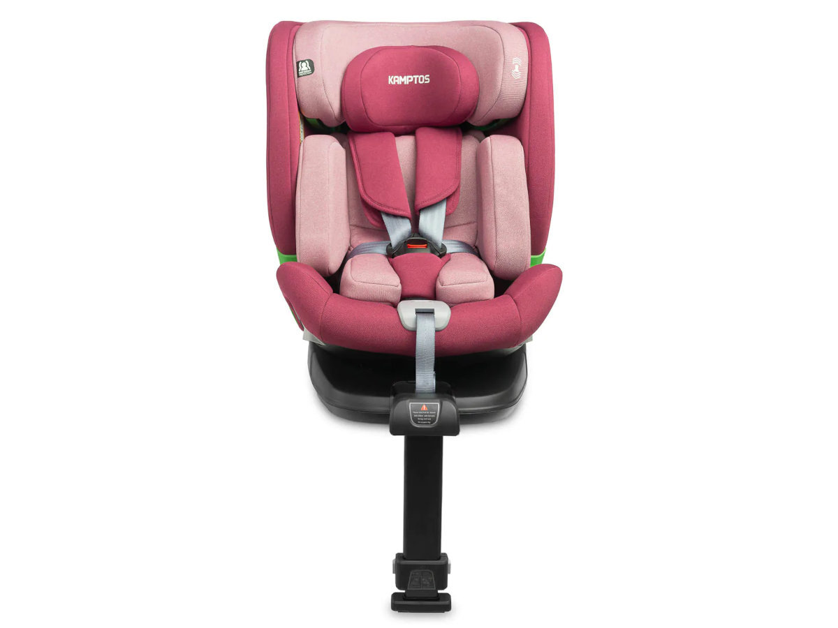 CARETERO Kamptos I-SIZE Tapicerka miękkiej i przyjemnej w dotyku tkaniny poliestrowej łyżkę pokrowca - fotelik w kolorze różowym z nogą stabilizującą na białym tle