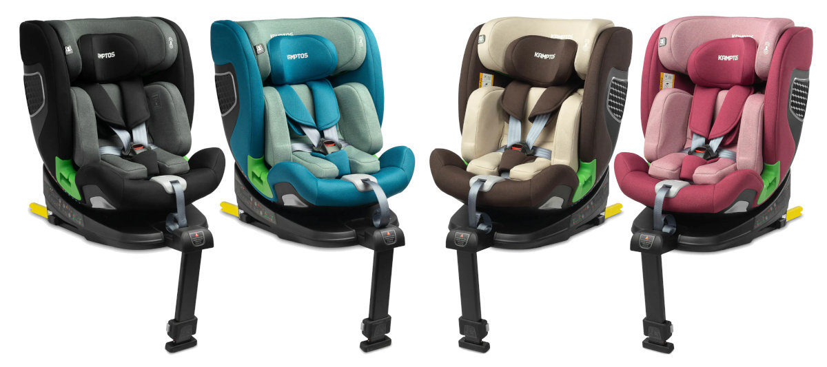 CARETERO Kamptos I-SIZE Caretero Kamptos brązowym, niebieskim, szarym oraz różowym - fotelik w czterech kolorach brązowym, niebieskim, szarym oraz różowym na białym tle