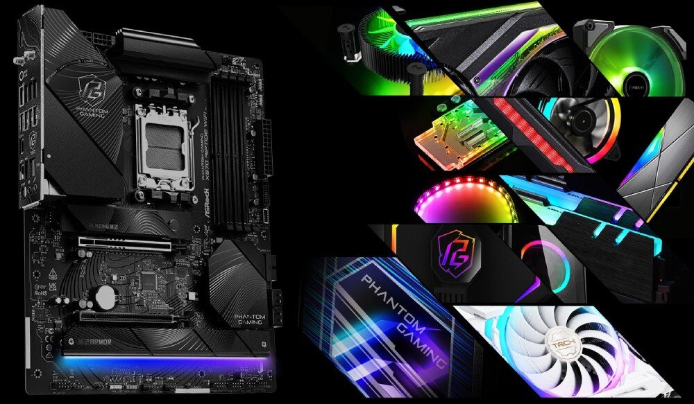 Płyta główna ASROCK X870 Riptide WiFi Płyta główna z serii Phantom Gaming widoczna z góry, obok niej zestaw fragmentów przedstawiających różne podzespoły komputerowe z podświetleniem RGB, takie jak karty graficzne, chłodzenia, wentylatory i elementy obudowy, podświetlenie, wygląd, styl, wzmocnione sloty