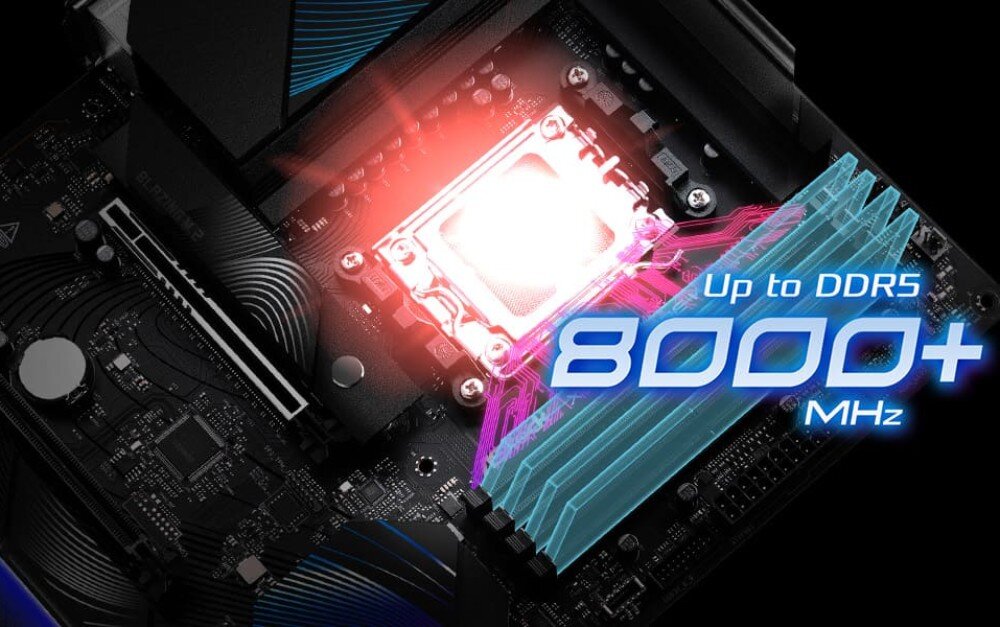 Płyta główna ASROCK X870 Riptide WiFi Wizualizacja gniazda procesora i slotów pamięci RAM z oznaczeniem obsługi DDR5 do 8000 MHz, pamięć DDR5, taktowanie, profile EXPO i XMP, podkręcenie