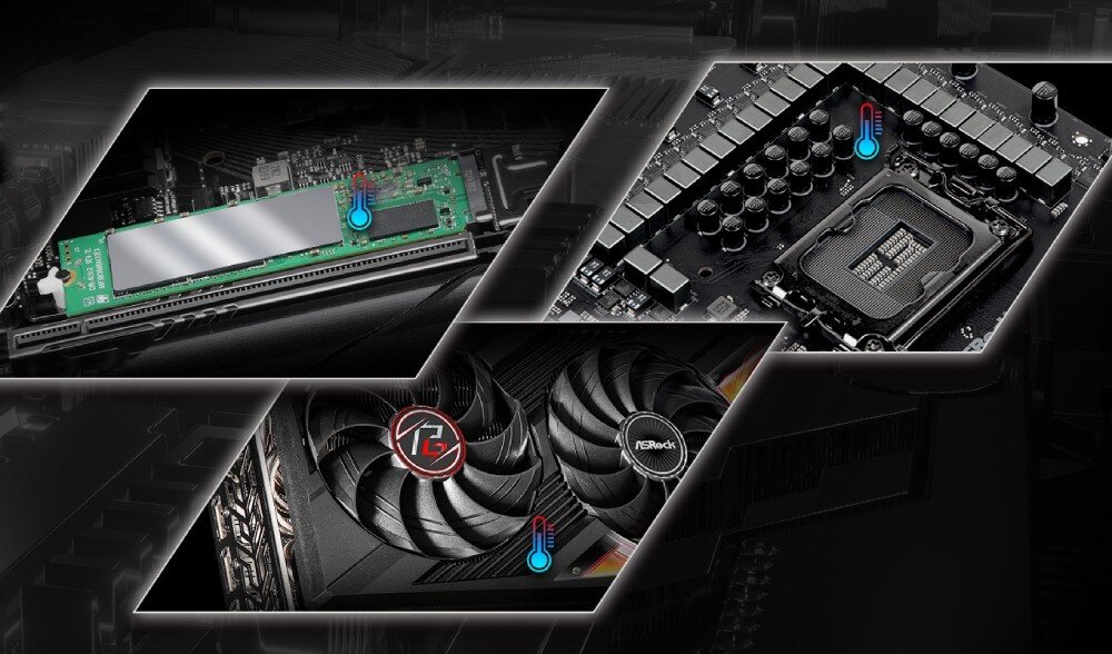 Płyta główna ASROCK X870 Riptide WiFi Trzy oddzielne wizualizacje chłodzenia – zainstalowany dysk SSD M.2, sekcja zasilania obok gniazda procesora oraz karta graficzna z wentylatorem, chłodzenie, wentylatory, kontrola