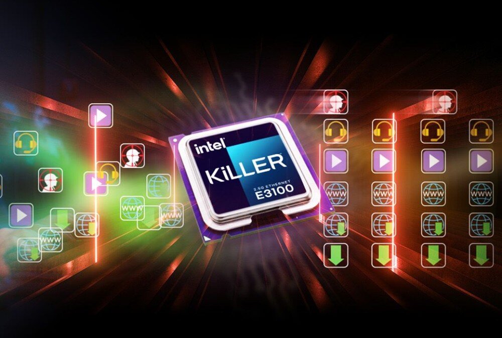 Płyta główna ASROCK X870 Riptide WiFi Grafika ukazująca chip Intel Killer E3100 z ikonami symbolizującymi ruch sieciowy i aplikacje, kontroler Ethernet, łączność bezprzewodowa, Wi-Fi 7, Bluetooth 5.4,