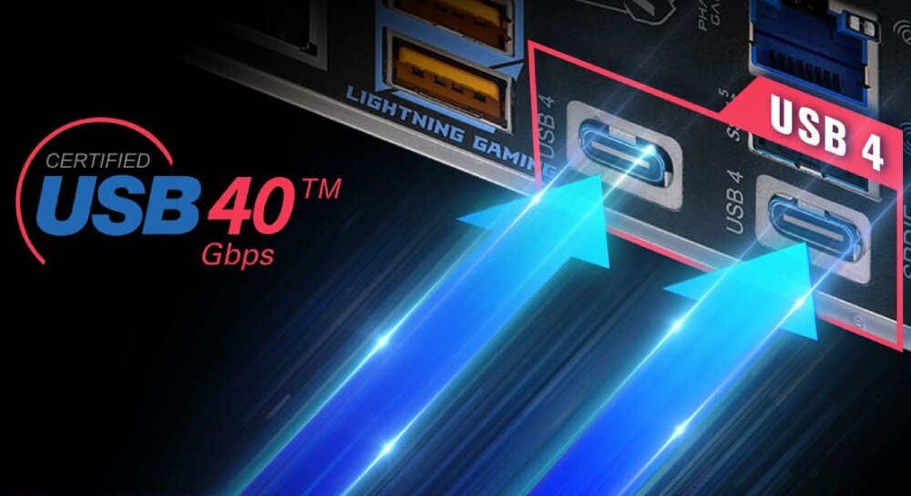 Płyta główna ASROCK X870 Riptide WiFi Zbliżenie na porty USB typu C z podpisem 'USB4 40 Gbps' i niebieskimi strzałkami symbolizującymi prędkość przesyłu danych, porty USB4, prędkość