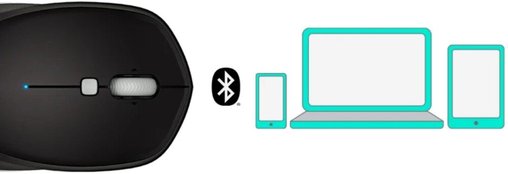Mysz LOGITECH M535 Czarny grafika z myszką, ikonami komputera, smartfona i tableta, oraz ikoną Bluetooth między nimi łączność zasięg kompatybilność