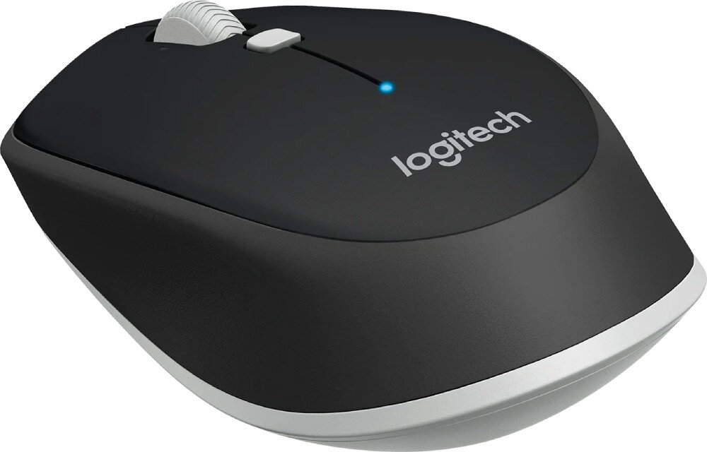 Mysz LOGITECH M535 Czarny widok na tył myszy z widocznym logiem Logitech oraz niebieską diodą sygnalizacyjną wielkość waga ergonomia kształt