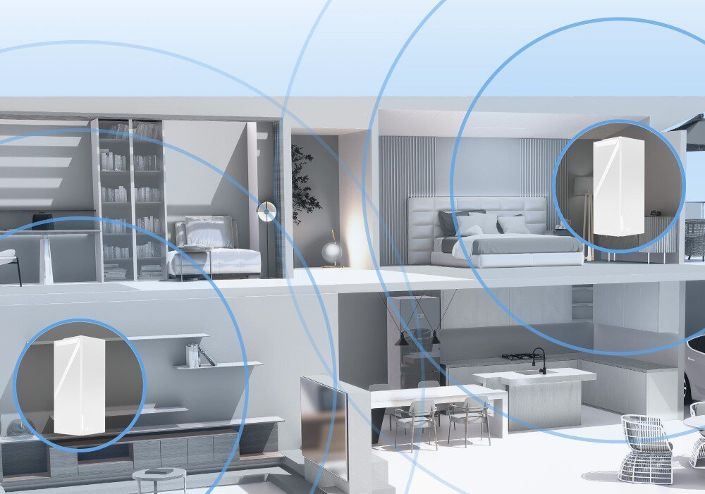 Router MSI Roamii BE Lite 2.4 / 5 GHz (DualBand), Wi-Fi Mesh (2 szt.) wizualizacja z widokiem z boku na mieszkanie z ikonami routerów i okręgami symbolizującymi sygnał Wi-Fi