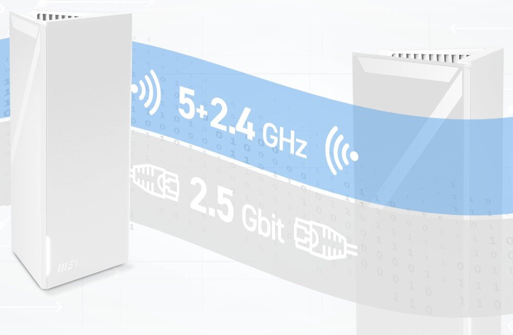 Router MSI Roamii BE Lite 2.4 / 5 GHz (DualBand), Wi-Fi Mesh (2 szt.) dwa stojące routery z pasami między nimi oznaczającymi pasma Wi-Fi stabilność technologia