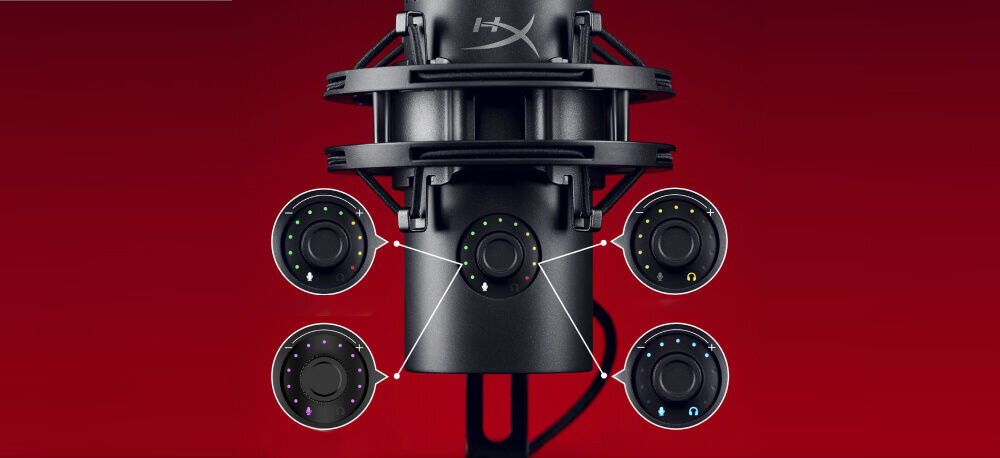 Mikrofon HYPERX QuadCast 2S Czarny wielofunkcyjne pokrętło szybka regulacja głośności odsłuchu wybór charakterystyki kierunkowej natychmiastowe wyciszanie poprzez dotknięcie