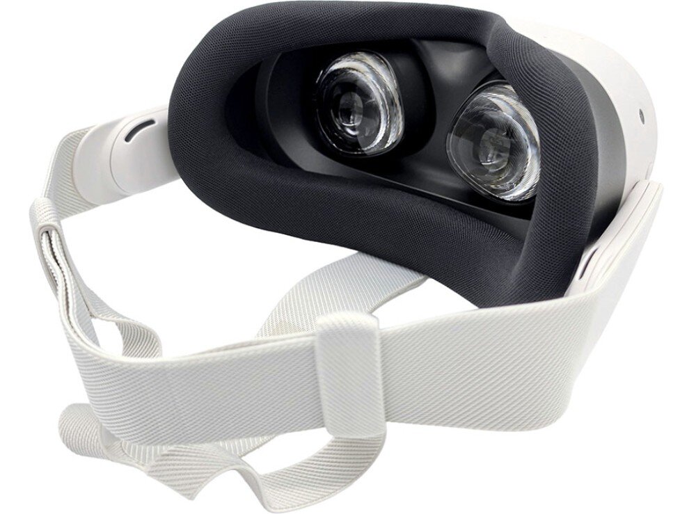 Na obrazie widoczne są gogle VR z białym paskiem i czarną wyściółką wokół soczewek. Gogle mają dwa duże, przezroczyste obiektywy.
