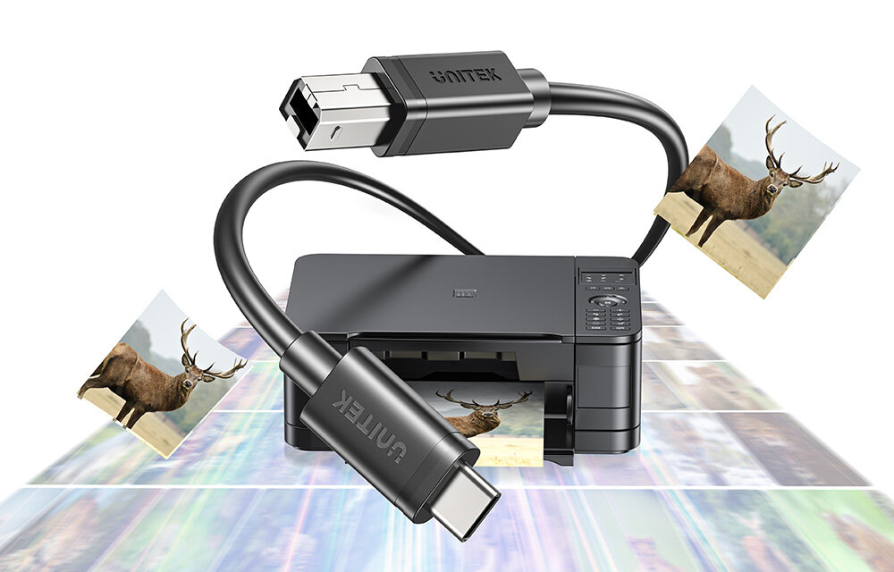 UNITEK kabel do drukarki USB C na USB B 2.0 czarny 1m stabilne połączenie między urządzeniami minimalizacja ryzyka utraty danych do codziennego użytku płynna bezpieczna komunikacja komfort pracy bez zakłóceń 