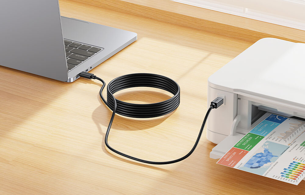 Unitek kabel do drukarki USB C na USB B 2.0 czarny 2m kompatybilny z wieloma modelami drukarek i skanerów różnych marek wszechstronne rozwiązanie w biurze w domu szeroka kompatybilnośc z różnymi urządzeniami funkcjonalność uniwersalność 