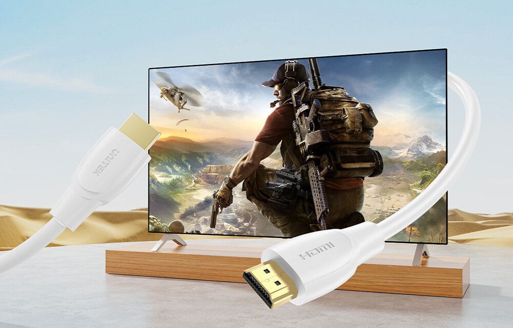 Kabel HDMI - HDMI UNITEK widoczny kabel na tle telewizora rozdzielczosc 4k
