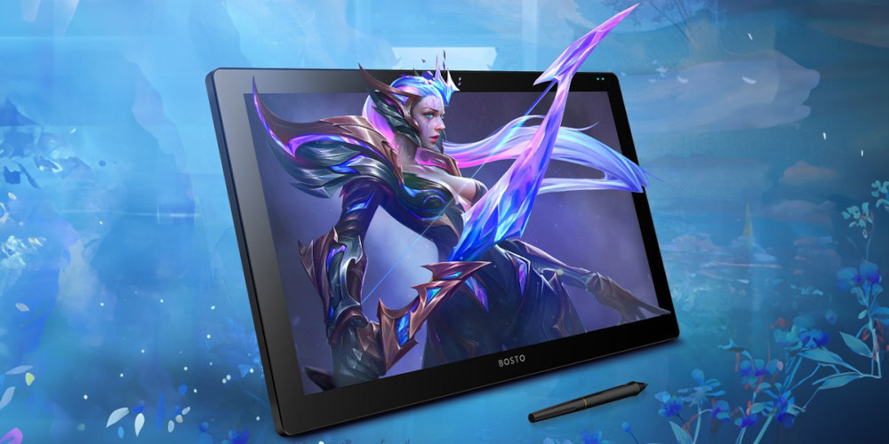 BOSTO X7 tablet na niebiskim tle obok rysik