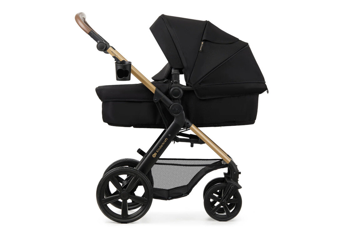 Wózek wielofunkcyjny KINDERKRAFT Moov 2 3w1 Czarny Funkcje ułatwiające dzień Pojemny kosz pod siedziskiem  Obrotowa barierka 5-punktowe pasy