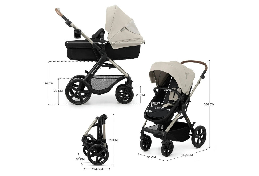 Wózek wielofunkcyjny KINDERKRAFT Moov 2 4w1 Szary Przemyślane wymiary waga długość siedziska w pozycji leżącej wysokość rączki gondola wewnętrzna koła rama z kołami