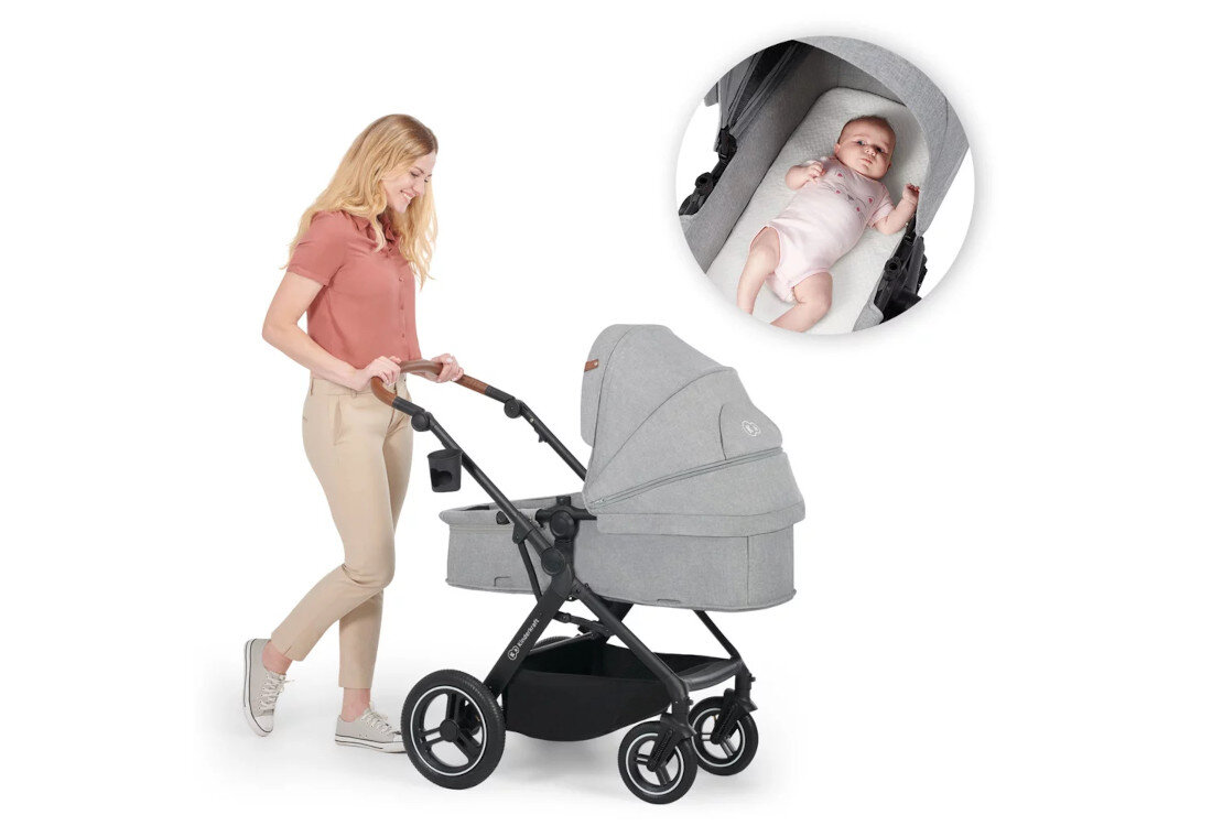 Wózek wielofunkcyjny KINDERKRAFT A-Tour 3in1 Jasnoszary Komfort dla dziecka Obszerna gondola XL o długości 90 cm miękki materac spokojny sen malucha