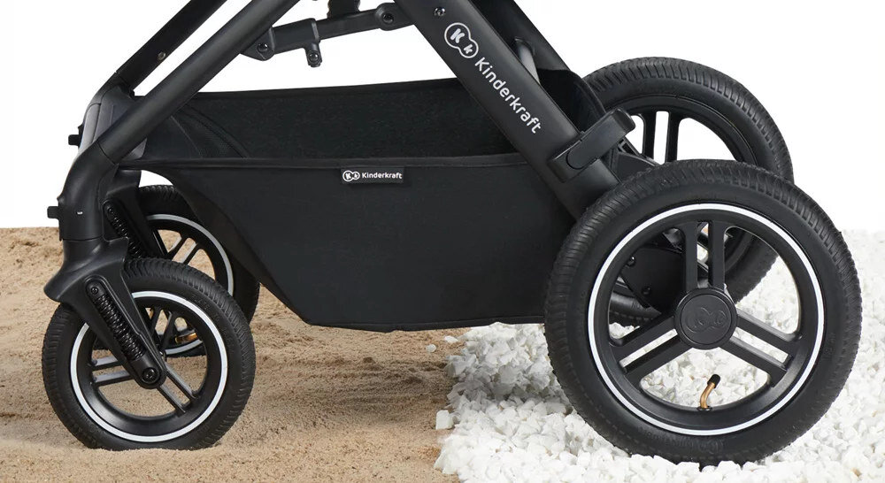 Wózek wielofunkcyjny KINDERKRAFT A-Tour 3in1 Jasnoszary Spacery bez ograniczeń terenu Duże, pompowane koła z amortyzacją jazda Gumowa powierzchnia kół