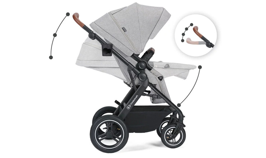 Wózek wielofunkcyjny KINDERKRAFT A-Tour 3in1 Jasnoszary Odpoczynek na świeżym powietrzu Regulowane oparcie spacerówki 2-stopniowy podnóżek w pozycji leżącej podnóżek wykonano z łatwego w czyszczeniu materiału higiena