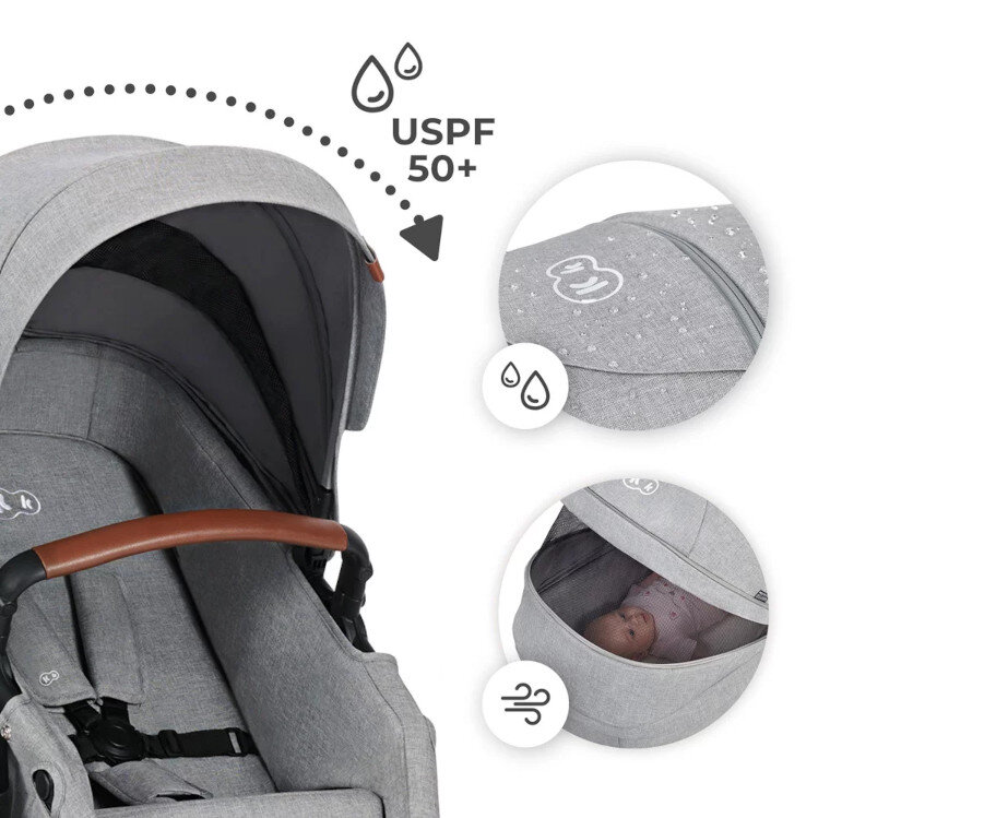 Wózek wielofunkcyjny KINDERKRAFT A-Tour 3in1 Jasnoszary Ochrona w każdą pogodę Duża budka z wodoodpornego materiału ochrona filtr UPF50+ siateczka wentylacyjna cyrkulacja powietrza komfort
