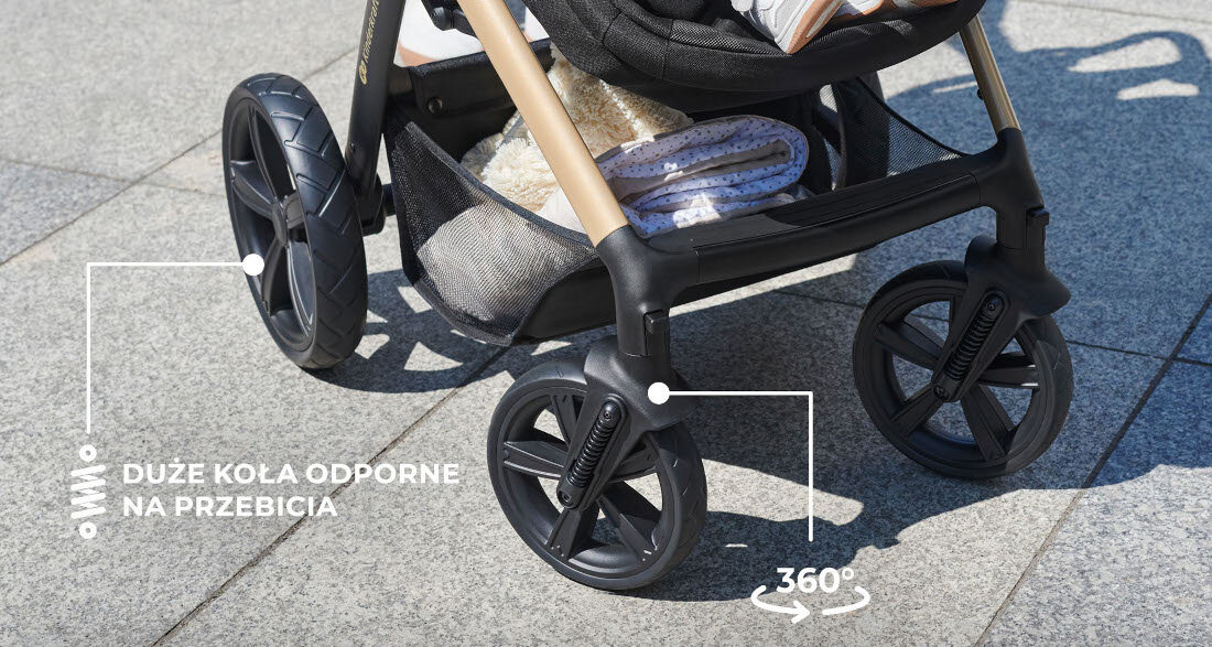 Wózek wielofunkcyjny KINDERKRAFT Moov 2 3w1 Beżowy Komfort na każdej trasie Duże, amortyzowane koła z pianki EVA ułatwienie prowadzenie redukcja wysiłek manewrwowanie