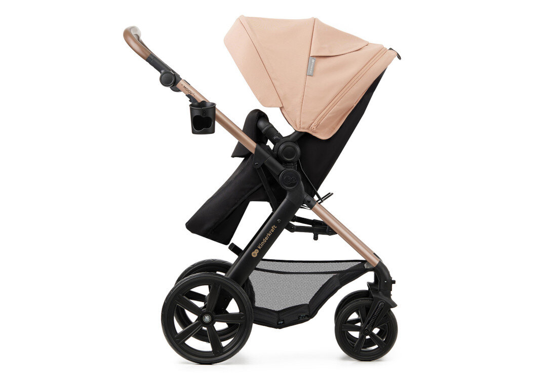 Wózek wielofunkcyjny KINDERKRAFT Moov 2 3w1 Beżowy Funkcje ułatwiające dzień Pojemny kosz pod siedziskiem  Obrotowa barierka 5-punktowe pasy