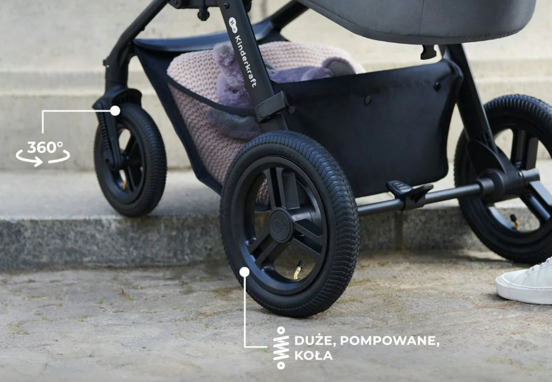 Wózek wielofunkcyjny KINDERKRAFT Moov 2 Air 3w1 Szary Komfort jazdy Duże, pompowane koła z amortyzacją ułatwienie płynna stabilna jazda