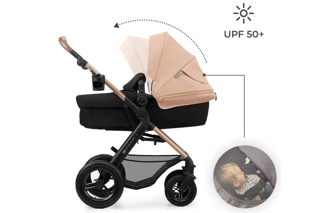 Wózek wielofunkcyjny KINDERKRAFT Moov 2 Air 3w1 Beżowy Ochrona w każdych warunkach Powiększana budka z filtrem UPF 50+ ochrona akcesoria folia przeciwdeszczowa czy moskitiera