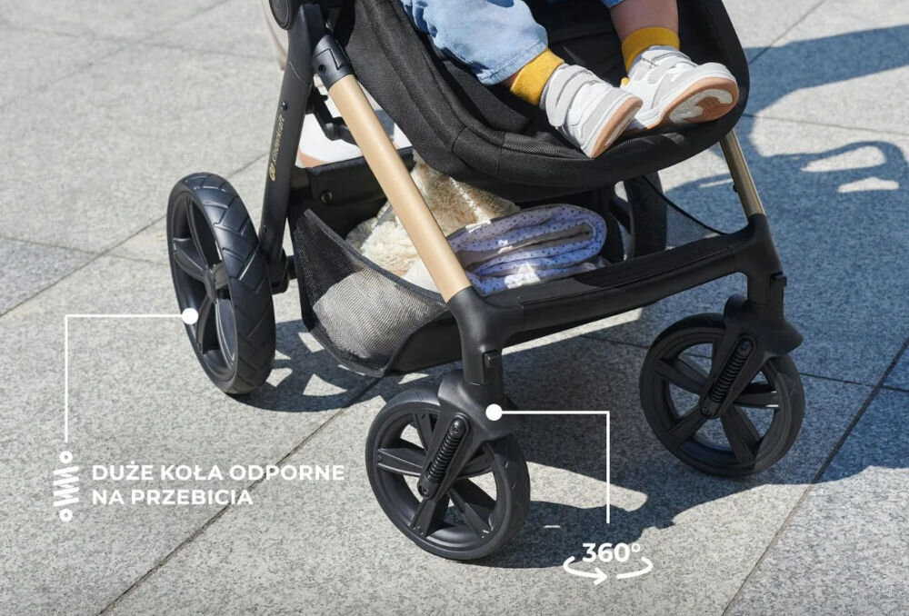 Wózek wielofunkcyjny KINDERKRAFT Moov 2 4w1 Beżowy Swoboda na każdej nawierzchni Duże, piankowe koła nieprzebijalne i odporne na ścieranie amortyzacja