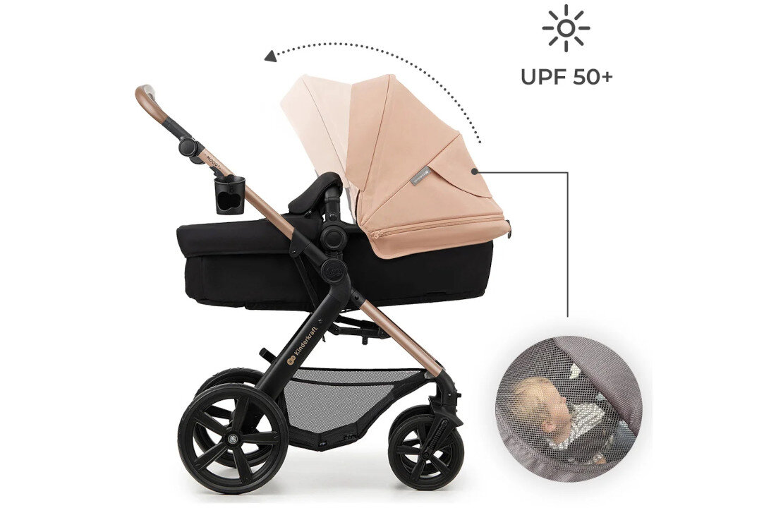 Wózek wielofunkcyjny KINDERKRAFT Moov 2 4w1 Beżowy Dopasowany do potrzeb regulacja rączka siedzisko oparcie wygoda pozycja sen Powiększana budka z filtrem UPF 50+ i okienkiem pojemny kosz waga