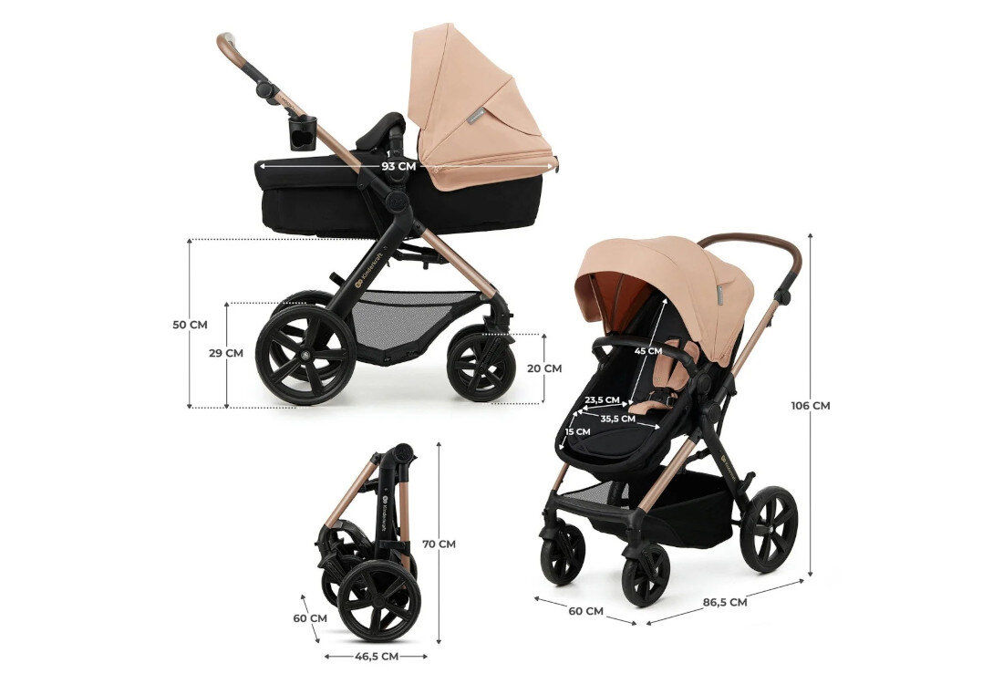 Wózek wielofunkcyjny KINDERKRAFT Moov 2 4w1 Beżowy Przemyślane wymiary waga długość siedziska w pozycji leżącej wysokość rączki gondola wewnętrzna koła rama z kołami