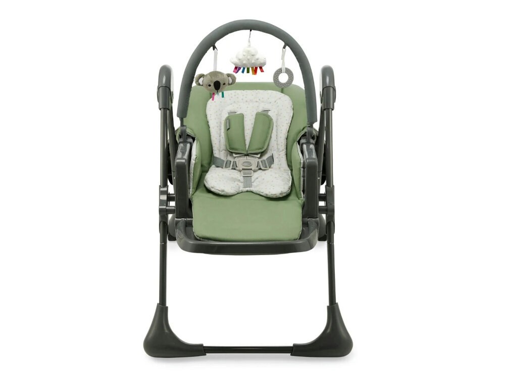 Krzesełko do karmienia KINDERKRAFT Tummie Zielony doswiadczanie swiata palak z trzema pluszowymi zabawkami rozwoj sensoryczny zdolnoci motoryczne koordynacja wzrokowo-ruchowa normy EN 14988:2017+A1:2020 EN 12790-1:2023 stabilny i bezpieczny