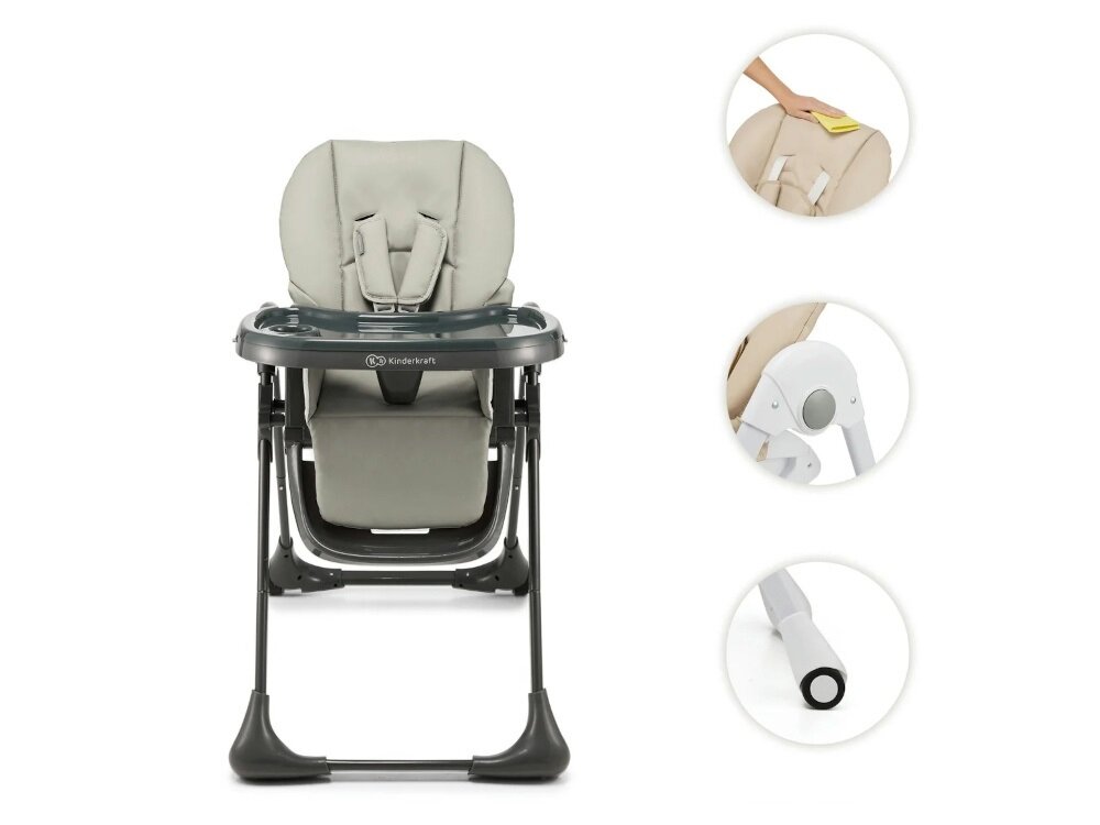 Krzesełko do karmienia KINDERKRAFT Tummie Szary wysoka jakosc materialow trwalosc bezpieczenstwo stelaz z wysokiej jakosci stali siedzisko z wytrzymalego materialu PU wkladka z szybkoschnacego poliestru latwe czyszczenie