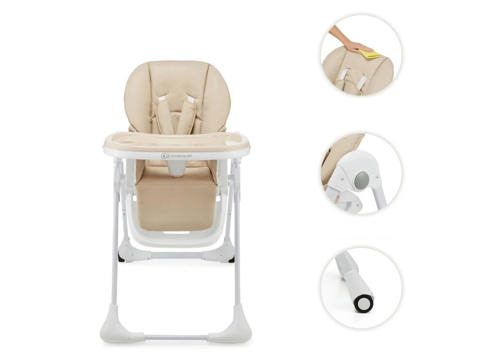 Krzesełko do karmienia KINDERKRAFT Tummie Beżowy wysoka jakosc materialow trwalosc bezpieczenstwo stelaz z wysokiej jakosci stali siedzisko z wytrzymalego materialu PU wkladka z szybkoschnacego poliestru latwe czyszczenie