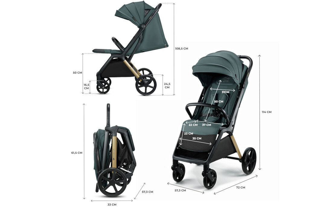 Wózek spacerowy KINDERKRAFT Loom Zielony Wymiary sprzyjające wygodzie Długość siedziska w pozycji leżącej spokój odpoczynek