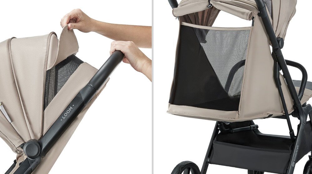 Wózek spacerowy KINDERKRAFT Loom Beżowy Komfort termiczny dziecka Powiększana budka z poliestru z daszkiem przeciwsłonecznym Panele wentylacyjne