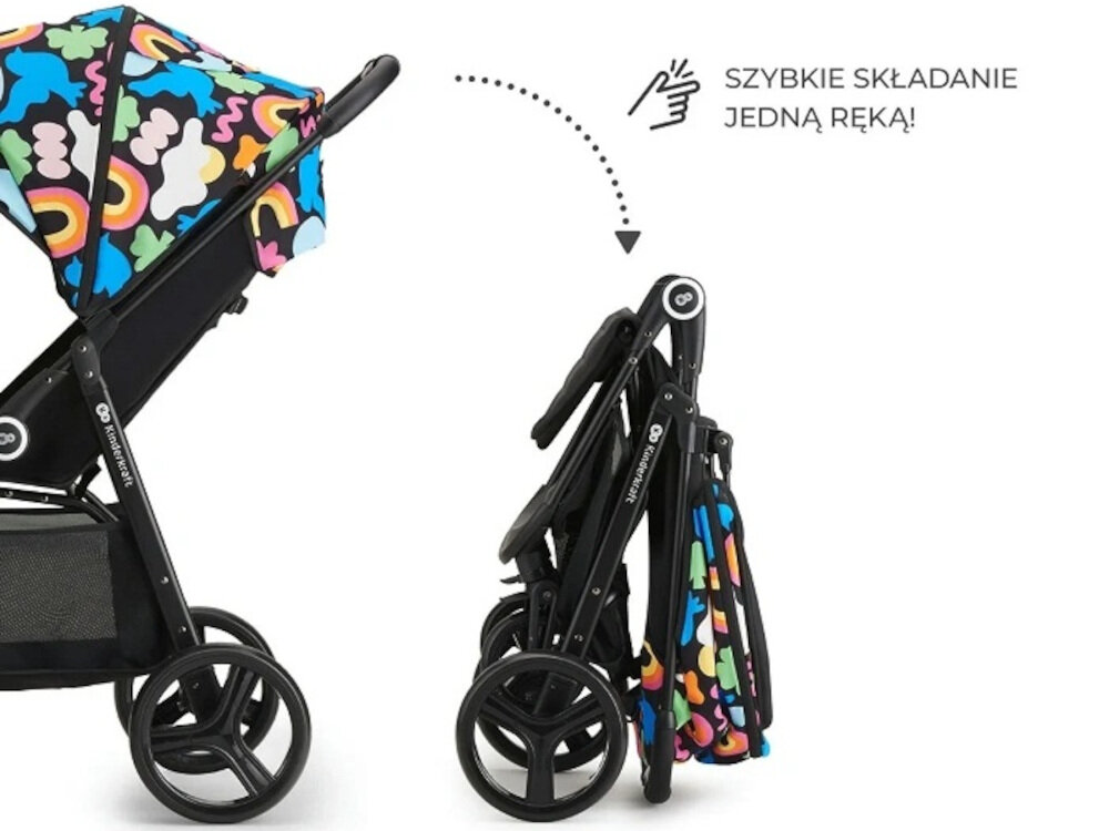 Wózek spacerowy KINDERKRAFT Grande Plus Happy Shapes Czarny Szybkie składanie jedną ręką syste, CLICK & FOLD ułatwienie