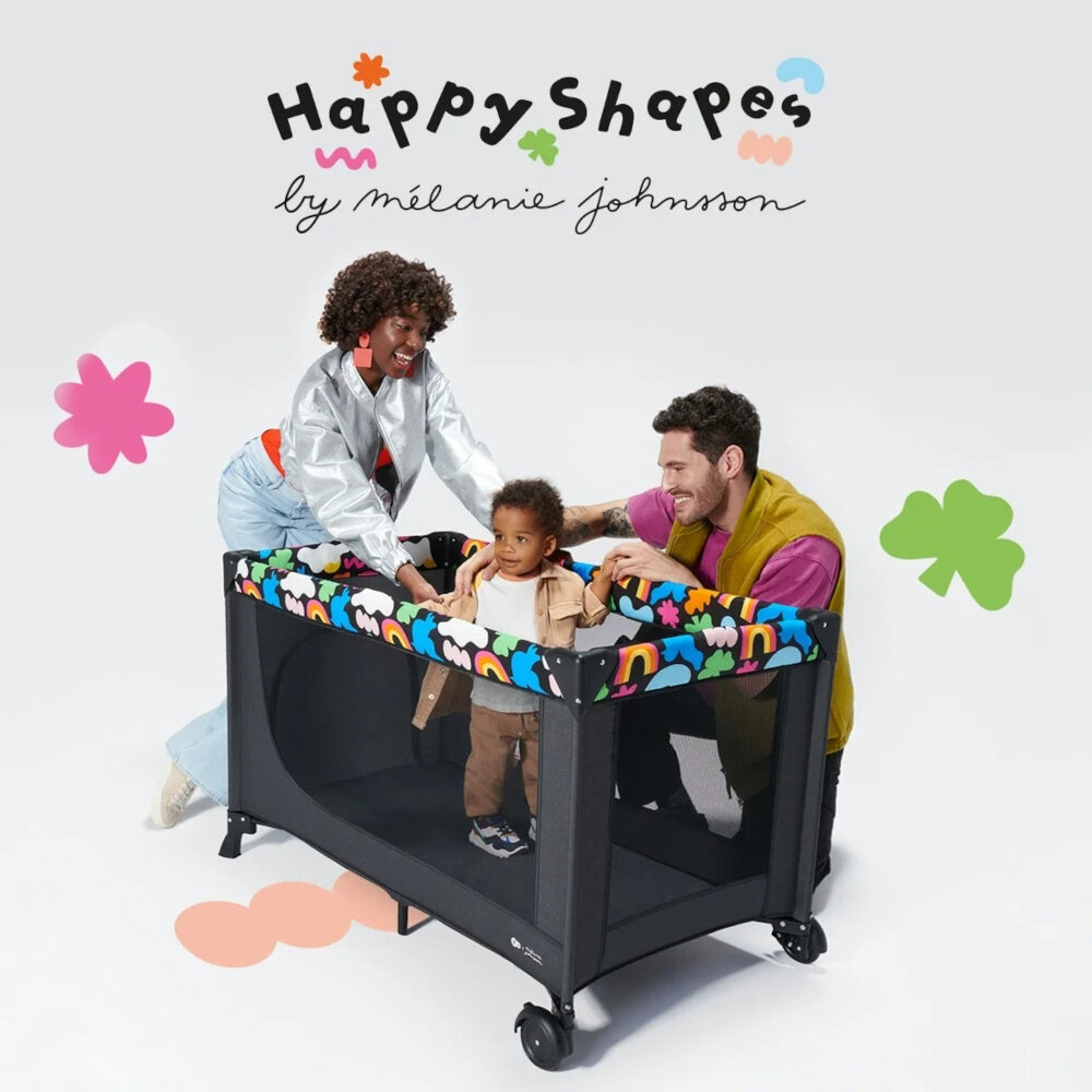 Łóżeczko turystyczne KINDERKRAFT Joy 2 Happy Shapes kolekcja inspirowana pieknem natury funkcjoalnosc edukacja jasne kolory kontrastowe proste ksztalty stymuluje rozwoj poznawczy
