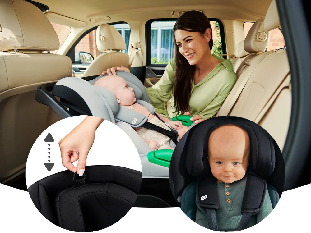 KINDERKRAFT Mink Pro Regulacja zagłówka jednocześnie z pasami 35-52 cm Miękkie osłonki na pasach - fotelik w aucie zbliżenie na regulację zagłowka