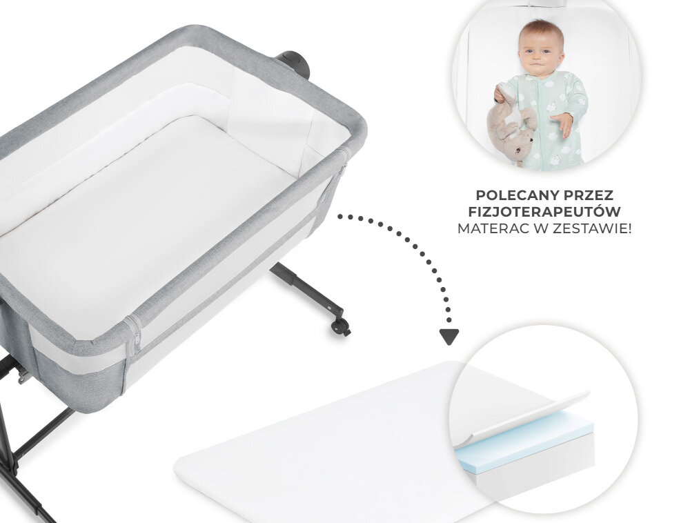 Łóżeczko dostawne KINDERKRAFT Neste Up 2 Jasnoszary Materac w zestawi Półtwardy materac o odpowiedniej gęstoście Stabilne podparcie kręgosłupa i głowy zdejmowane prześcieradło można prać w pralce