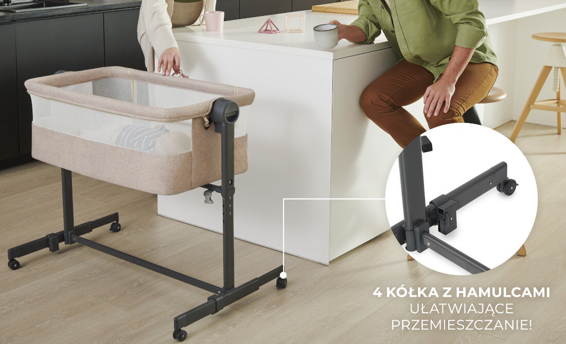 Łóżeczko dostawne KINDERKRAFT Neste Up 2 Jasnoszary Mobilność w domu Cztery kółka z hamulcem blokada kółek