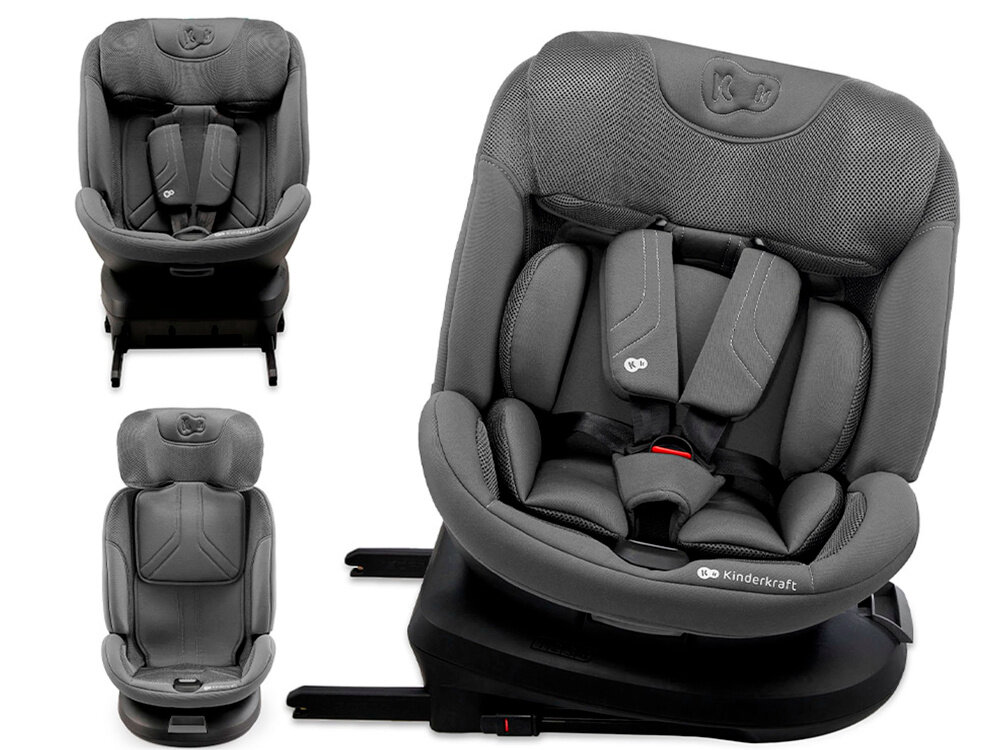 Fotelik samochodowy KINDERKRAFT Xpedition 3 I-Size 40-150 cm (0-22 kg) Szary trzy ujęcia fotelika widok od przodu bezpieczeństwo jazda samochodem fotelik na lata