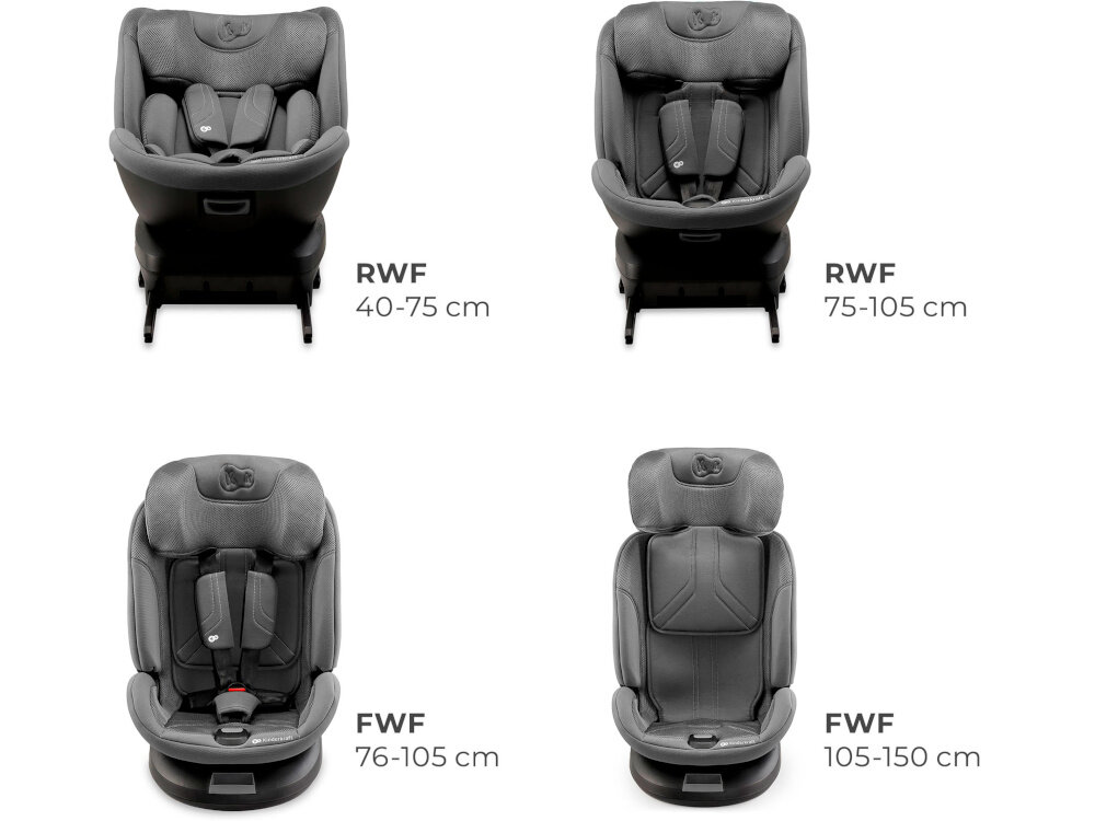 Fotelik samochodowy KINDERKRAFT Xpedition 3 I-Size 40-150 cm (0-22 kg) Szary cztery ujęcie fotelika obok napisy i oznaczony wzrost dziecka do danej pozycji fotelika system RECLINING pełen komfort jazdy w każdej podróży tyłem (RWF) i przodem (FWF) do kierunku jazdy 4 pozycje nachylenia dla dzieci o wzroście 40–75 cm możliwe jest ustawienie tyłem dzieci o wzroście 75–105 cm tyłem i przodem dzieci o wzroście 105–150 cm przodem