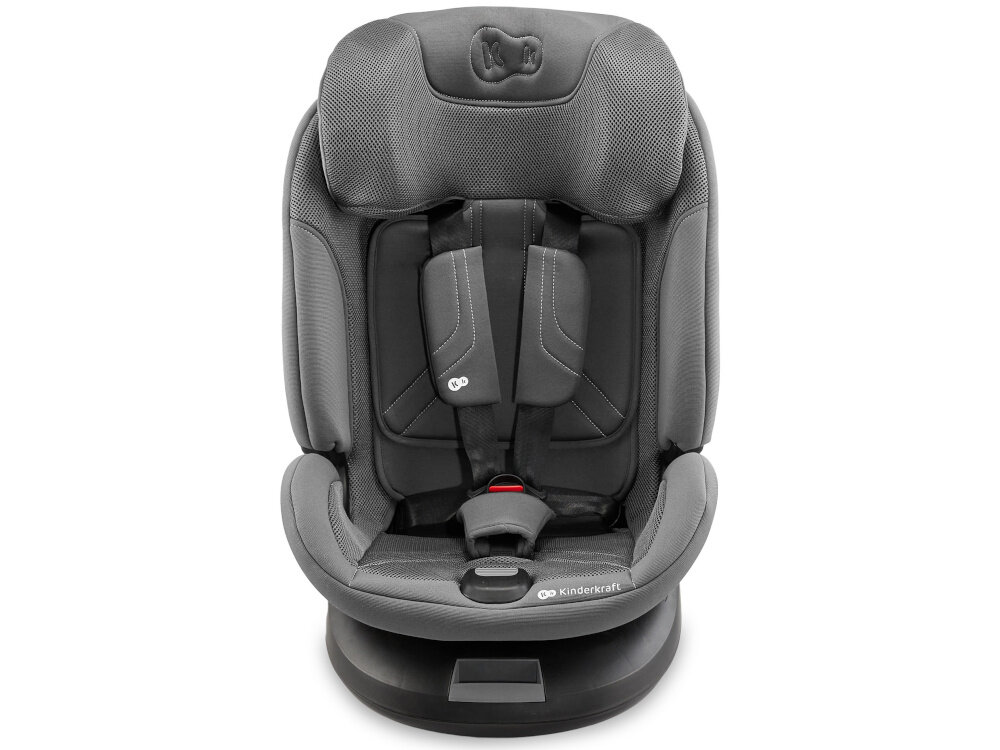 Fotelik samochodowy KINDERKRAFT Xpedition 3 I-Size 40-150 cm (0-22 kg) Szary fotelik na białym tle widoczny od przodu wysoki standard bezpieczeństwa system SPS+ (SIDE PROTECT SYSTEM) wzmocnione osłony boczne ochrona ramion i kręgosłupa fotelik pochłonie większą energię podczas potencjalnego uderzenia bezpieczeństwo