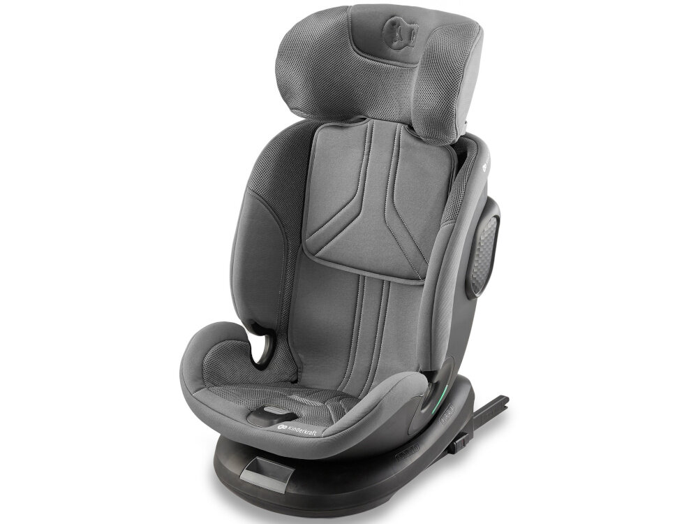 Fotelik samochodowy KINDERKRAFT Xpedition 3 I-Size 40-150 cm (0-22 kg) Szary fotelik na białym tle widoczny od przodu pod skosem system bezpieczeństwa H-GUARD SYSTEM wielowarstwowy zagłówek z dodatkową pianką memory absorbuje energię uderzenia maluch będzie bezpieczny dla dzieci o wzroście od 40 do 150 cm