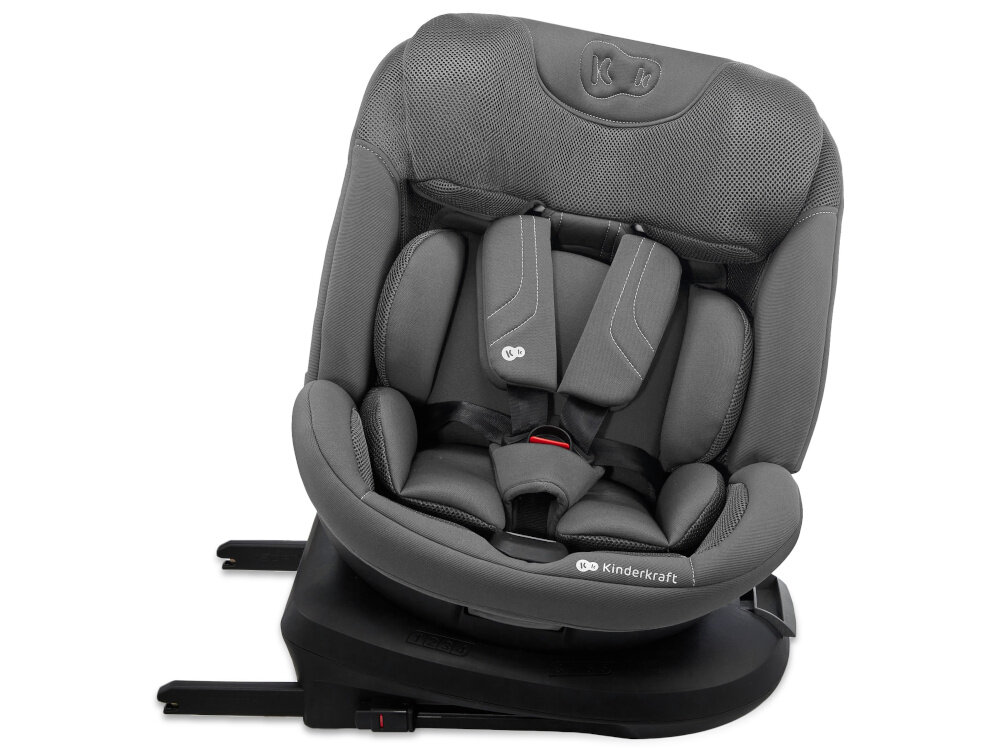 Fotelik samochodowy KINDERKRAFT Xpedition 3 I-Size 40-150 cm (0-22 kg) Szary fotelik na białym tle widoczny od przodu pochylony na bazie 5-punktowe pasy bezpieczeństwa zabezpieczają dziecko podczas jazdy ochrona przed upadkiem pasy z miękkimi ochraniaczami bezpieczne dziecko zintegrowana baza scalona z fotelikiem łatwy i szybki montaż w samochodzie bezpieczeństwo dziecka